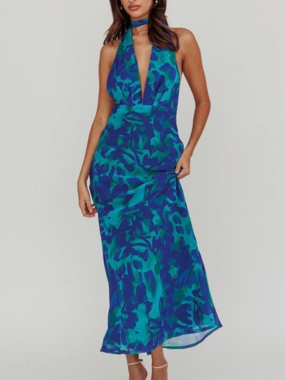 Saint and Secrets- Blue-Green Halter Midi Dress with Deep V